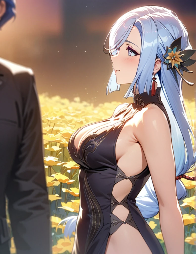 shenhe,  beautiful girl, long blue hair, beautiful face,smiling,close up to hips, beautiful medium breast, in the middle of flowers field, (open mouth:0.4),illustration,detailed textures(realists),ultra-detailed,portrait style,vivid colors,soft lighting, blushing, mature, hair fluttering, evening light, ((half body)), wearing intricate dress, no bra, ((side profile until hips)), ((mature)), 