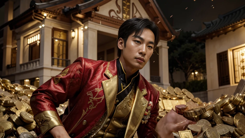 a man korean in front of a mansion full of gold coins, red money falling from the sky, ultra detailed image, realism, 8k, hyper detailed skin, intense and vivid colors. C'est un lycéen en uniforme. 