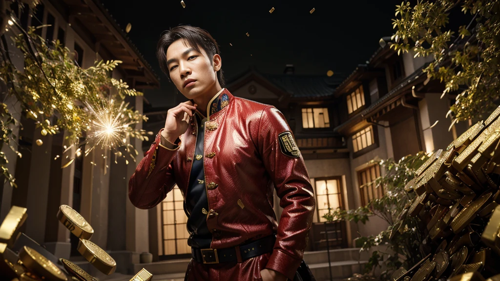 a man korean in front of a mansion full of gold coins, red money falling from the sky, ultra detailed image, realism, 8k, hyper detailed skin, intense and vivid colors. C'est un lycéen en uniforme. 