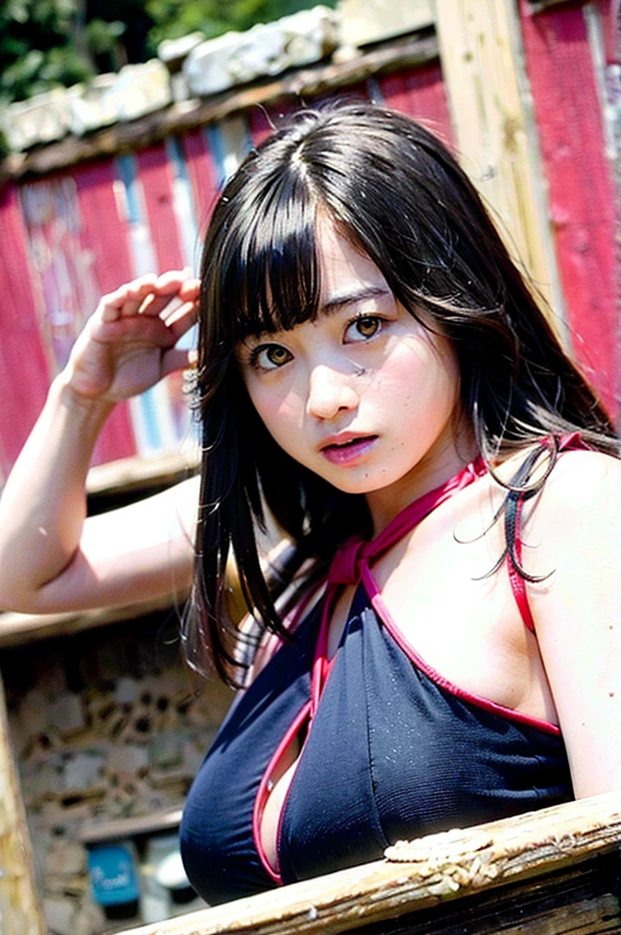 high resolution、Highest quality、masterpiece 、Ultra-high resolution、(Realistic:1.4)、RAW Photos、1 Girl、Black Hair、Shiny skin、playwright、whole body、Bitch、whole body写真、Shiny pink and black swimsuit、Huge breasts