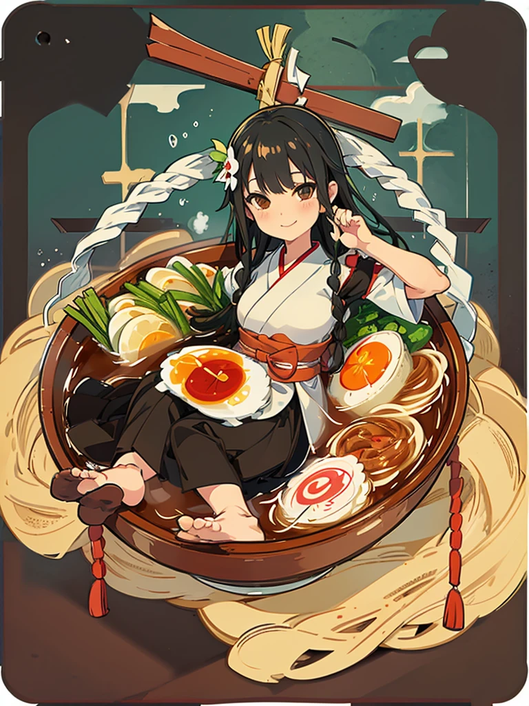 One girl,alone,black eye,Black Hair,Braided in front,smile,whole body,foot,Small breasts,Japanese traditional clothing,Mini Girl, In the food,In the container,In a ramen bowl,soup, Udon, noodles,no,meat,green onion,Partially submerged,sweet,vapor,Korean Background,No shoes,Eat from a bowl with chopsticks, Torii gate in the background