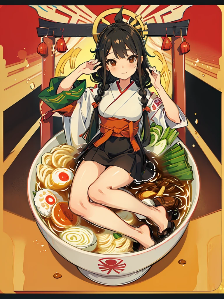 One girl,alone,black eye,Black Hair,Braided in front,smile,whole body,foot,Small breasts,Japanese traditional clothing,Mini Girl, In the food,In the container,In a ramen bowl,soup, Udon, noodles,no,meat,green onion,Partially submerged,sweet,vapor,Korean Background,No shoes,Eat from a bowl with chopsticks, Torii gate in the background