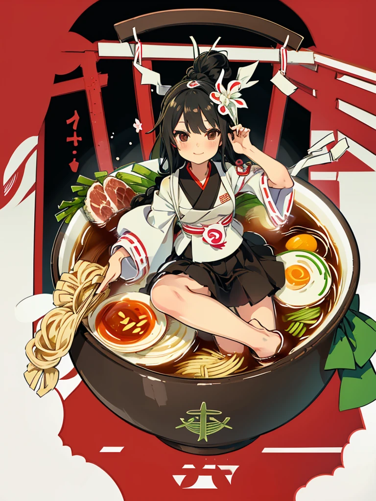 One girl,alone,black eye,Black Hair,Braided in front,smile,whole body,foot,Small breasts,Japanese traditional clothing,Mini Girl, In the food,In the container,In a ramen bowl,soup, Udon, noodles,no,meat,green onion,Partially submerged,sweet,vapor,Korean Background,No shoes,Eat from a bowl with chopsticks, Torii gate in the background