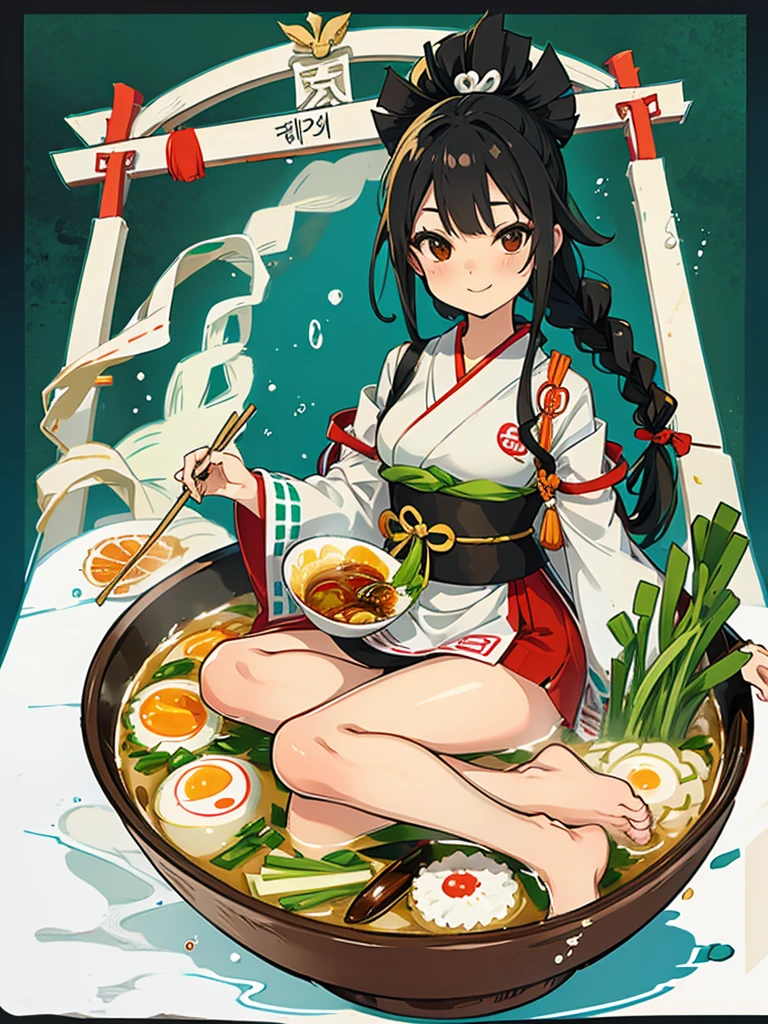 One girl,alone,black eye,Black Hair,Braided in front,smile,whole body,foot,Small breasts,Japanese traditional clothing,Mini Girl, In the food,In the container,In a ramen bowl,soup, Udon, noodles,no,meat,green onion,Partially submerged,sweet,vapor,Korean Background,No shoes,Eat from a bowl with chopsticks, Torii gate in the background