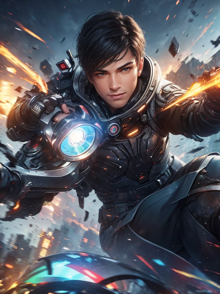 1 man, extremely detailed face, handsome detailed eyes, beautiful detailed lips, cinematic lighting, looking at viewer, outdoor scene, blurred hair, smile, best quality, 4k, 8k, highres, masterpiece, ultra-detailed, realistic, photorealistic, photo-realistic, HDR, UHD, studio lighting, ultra-fine painting, sharp focus, physically-based rendering, extreme detail description, professional, vivid colors, bokeh, portrait, futures