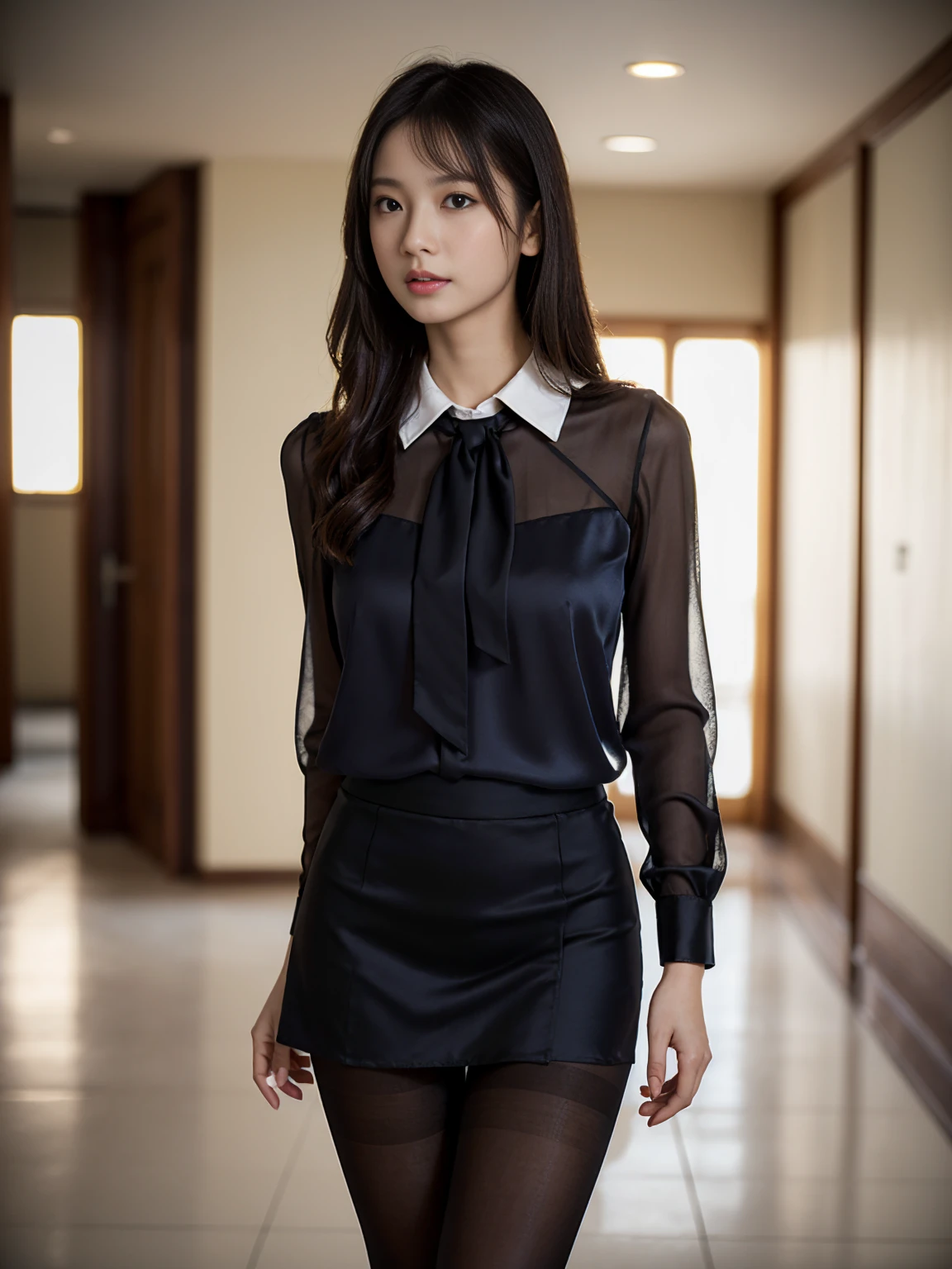 Classy upper class elite secretary in luxury silk blouse, Skirt and thighs、27 years old、height　162cm、Walking down the hallway、Office uniform, (Wearing pantyhose,Realistic pantyhose)、Working in the office、Wearing an ultra-thin satin blouse, Wear high-quality high heels、 Girl in blouse, Wearing an elegant blouse, When you wear a very thin blouse, Businessman, Blouse and skirt, Wearing a silk blouse, Wear a shirt and skirt, 　　　　　　RAW Photos, (8K、Highest quality、masterpiece:1.2)、(Intricate details:1.4)、(Photorealistic:1.4)、Octane Rendering、Complex 3D rendering with ultra-detail, Soft studio light, Rim Light, Vivid details, Super Detail, Realistic skin textures, Face in detail, Beautiful details in the eyes, Highly detailed CG Unity 16k wallpaper, compensate, (Detailed Background:1.2),Angle from directly below、look back。 Exposed thighs!!!Erotic～！！！！