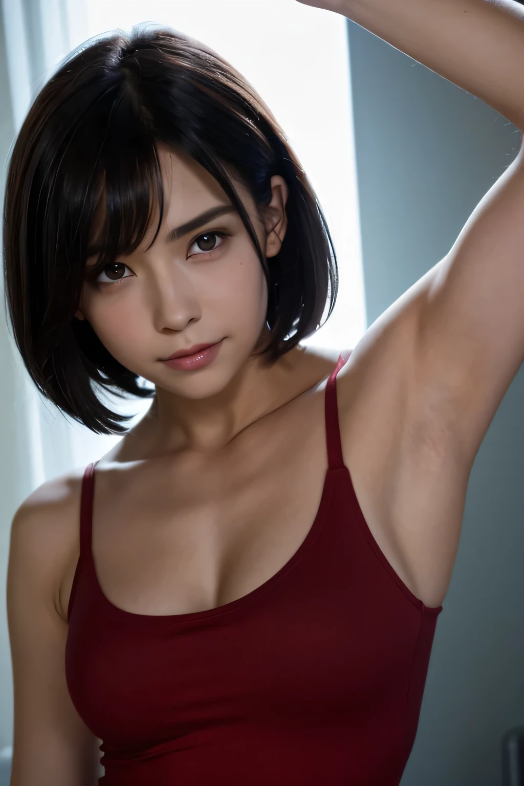 Underarm、Armpit Pose、short hair, Skintight Black Top:1.2, Watching the audience, Cinematic lighting, perfection, Soft Light, High Resolution Skins:1.2, Realistic skin texture, Realistic Face, Off the shoulder, Red eyes, Short Hair、Dark brown hair、Small face、Bust B cup、