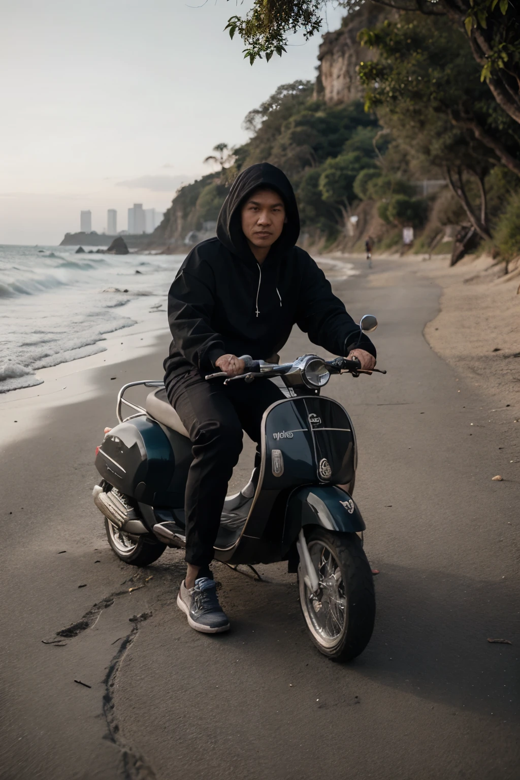 Caricature 4D, Indonesian man,
Wearing a black hoodie and sneakers.
Riding a white Vespa on the beach area.
Indonesian road background, Hyper-realistic, high contrast, high color effect, 8k, detail, Focus