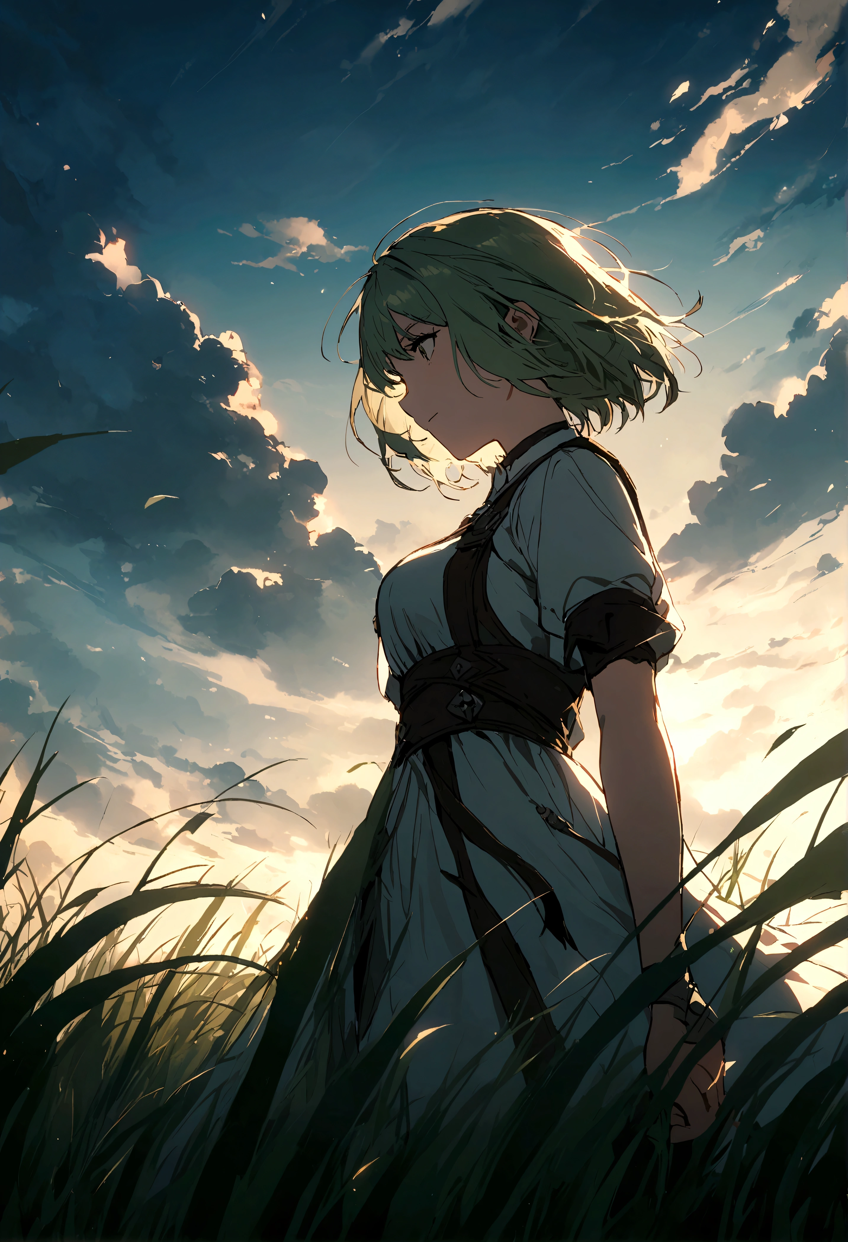 Girl with short hair,grassland,pastures,wind