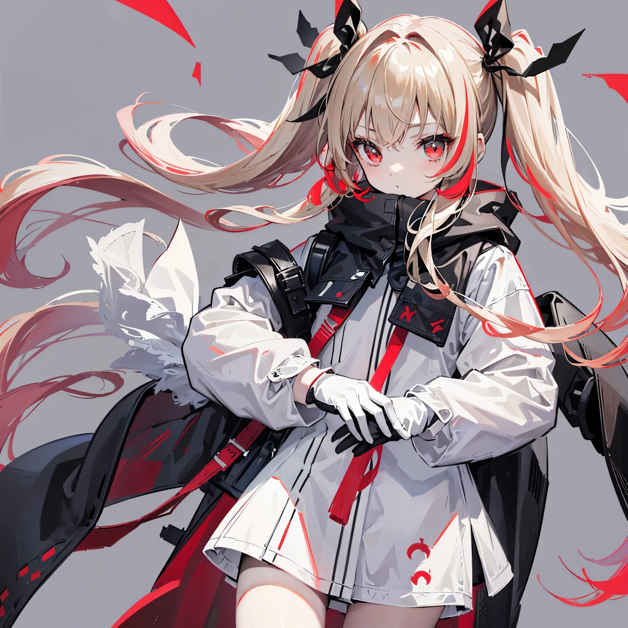 One girl、Hair colorbeige、Red eyes、Twin tails、Long Hair、Simple hair ribbon、Monochrome clothes、Large coat、Black gloves、Simple background、Shorts、stone、Firearms