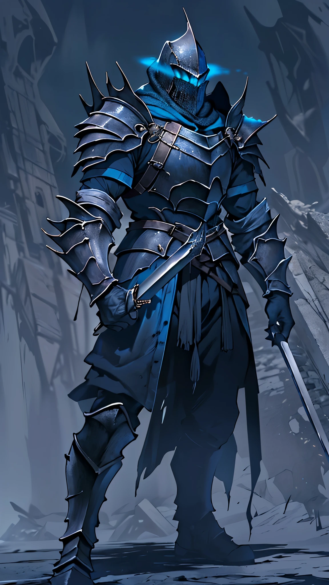 (masterpiece:1.2),(Highest quality),(Very detailedな),(Ultra-high resolution),8K,Vast landscape photography,(Dark Souls Style),(The Abyss Knight stands),Abyssal Sword,Abyssal Armor,Abyssal Shield,(One person: 1.5),Very detailed,The background is a gradient of black, blue and grey,The very deep darkness,Castle of Darkness