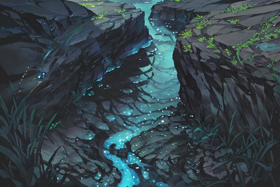summer, blue lava rock area, blue lava rock formation, (illustration : 1.0), Narrative composition, realistic lighting, HD detail, masterpiece, best quality best, (Highly detailed CG integrated 8k wallpaper), wide and flat rocky area, A small, sharp, rough rock at the top of the screen., Blue liquid flowing through a crevice in the rock,