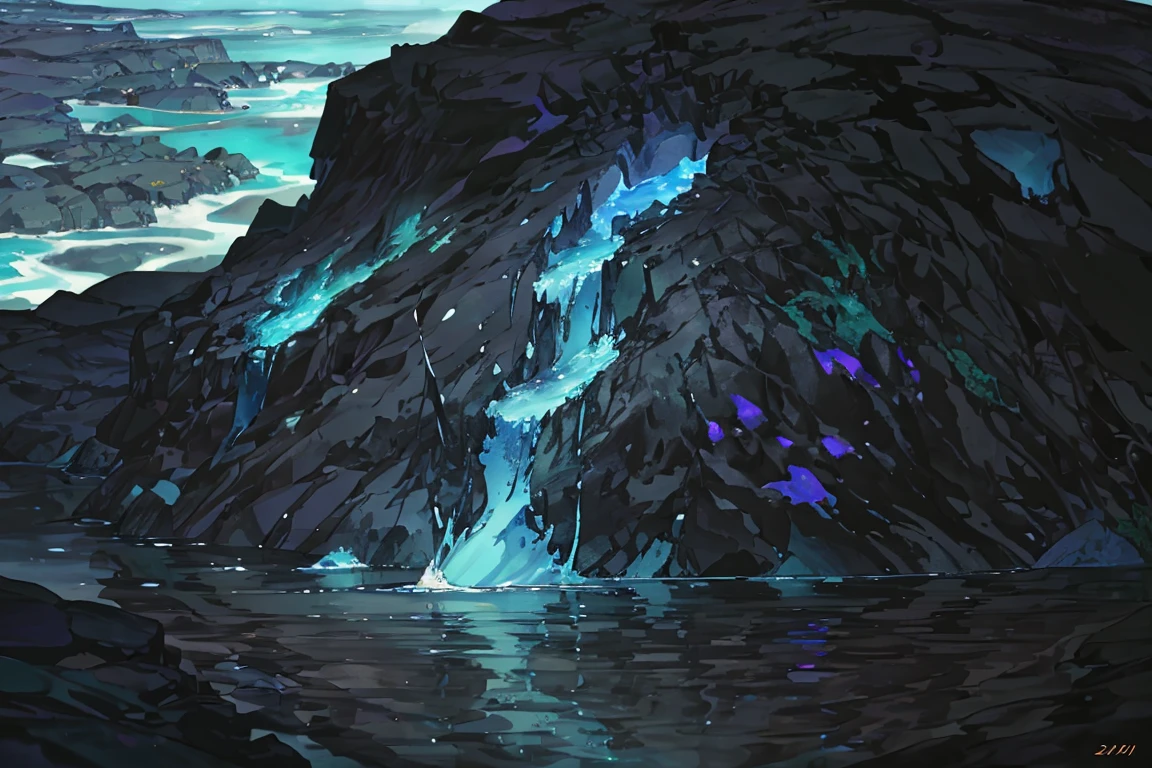 summer, blue lava rock area, blue lava rock formation, (illustration : 1.0), Narrative composition, realistic lighting, HD detail, masterpiece, best quality best, (Highly detailed CG integrated 8k wallpaper), wide and flat rocky area, A small, sharp, rough rock at the top of the screen., Blue liquid flowing through a crevice in the rock,