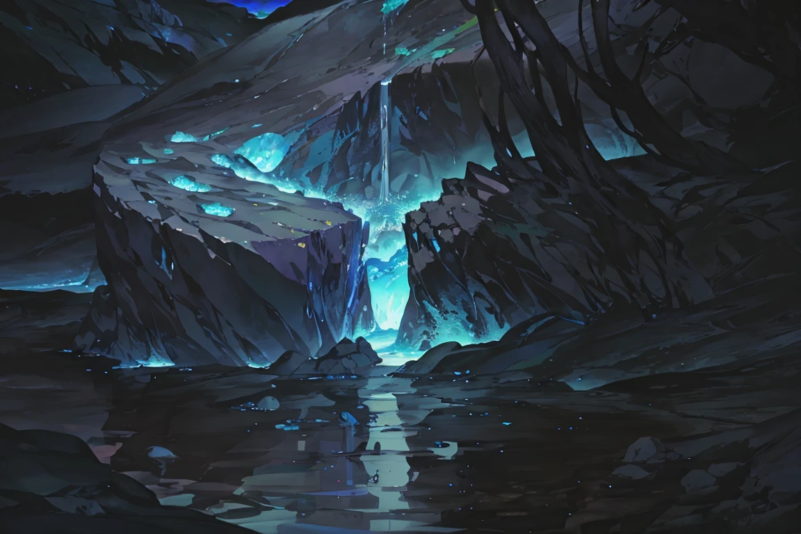 summer, blue lava rock area, blue lava rock formation, (illustration : 1.0), Narrative composition, realistic lighting, HD detail, masterpiece, best quality best, (Highly detailed CG integrated 8k wallpaper), wide and flat rocky area, A small, sharp, rough rock at the top of the screen., Blue liquid flowing through a crevice in the rock,