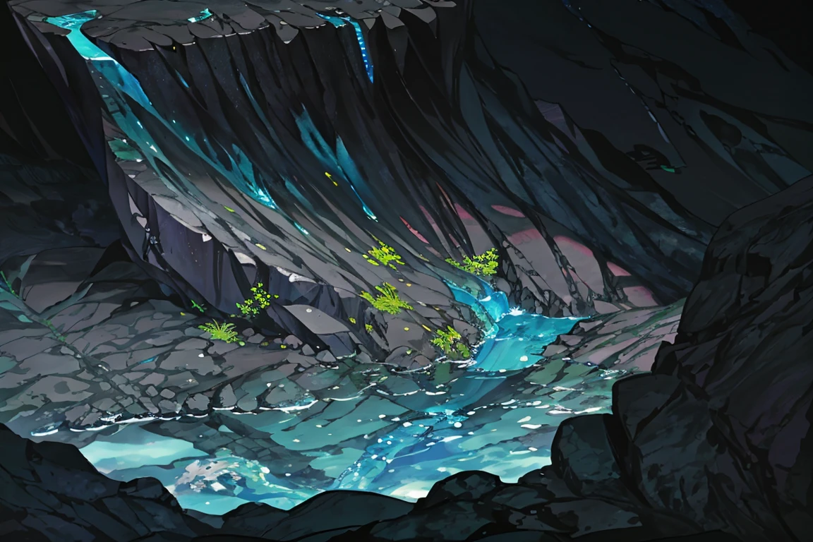 summer, blue lava rock area, blue lava rock formation, (illustration : 1.0), Narrative composition, realistic lighting, HD detail, masterpiece, best quality best, (Highly detailed CG integrated 8k wallpaper), wide and flat rocky area, A small, sharp, rough rock at the top of the screen., Blue liquid flowing through a crevice in the rock,