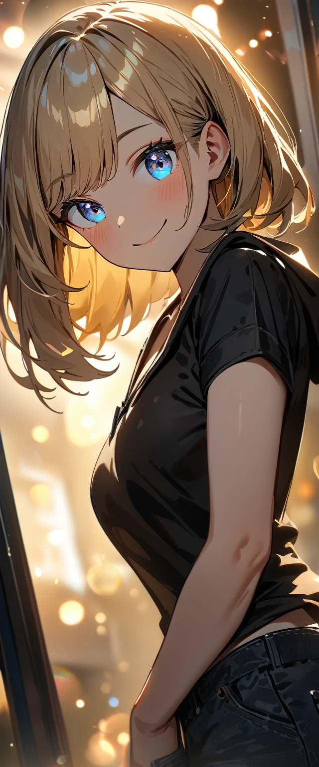 (((One girl))), Shibuya, blond hair, bob cut, ((face in focus)), (looking at viewer), breasts, teenager, head tilt:1.3, (((blue eye))), constricted pupils, (from side), hand in pocket, cleavage, ((happy smile)), black hoodie:1.3, black shorts:1.3, anime style, (best quality, 4k, 8k, highres, masterpiece:1.2, ultra-detailed, ultra-detailed eyes, HDR, UHD, studio lighting, ultra-fine painting, sharp focus, physically-based rendering, extreme detail description, professional, vivid colors, bokeh)
