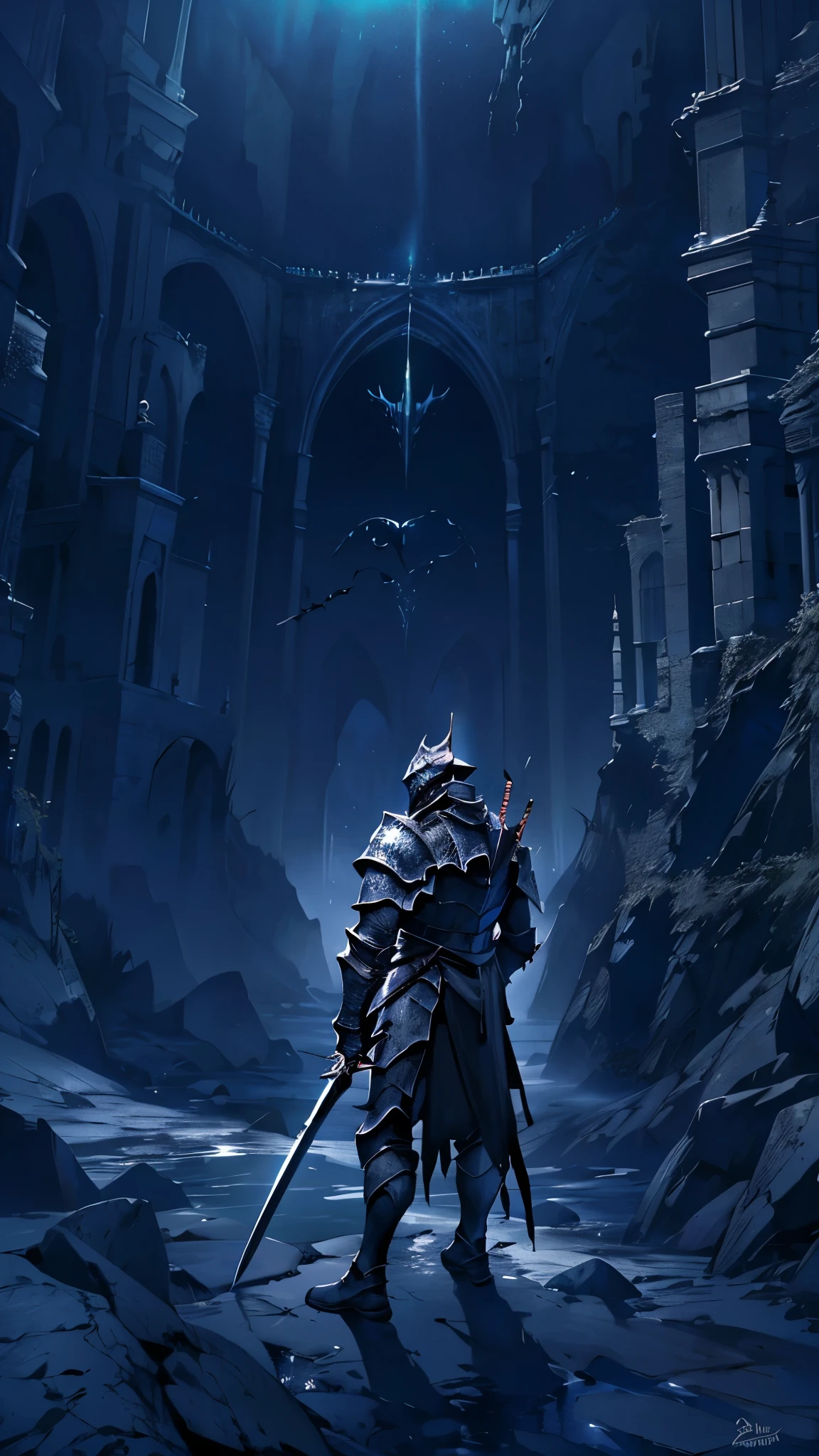 (masterpiece:1.2),(Highest quality),(Very detailedな),(Ultra-high resolution),8K,Vast landscape photography,(Dark Souls Style),(The Abyss Knight stands),Abyssal Sword,Abyssal Armor,Abyssal Shield,(One person: 1.5),Very detailed,The background is a gradient of black, blue and grey,The very deep darkness,Castle of Darkness