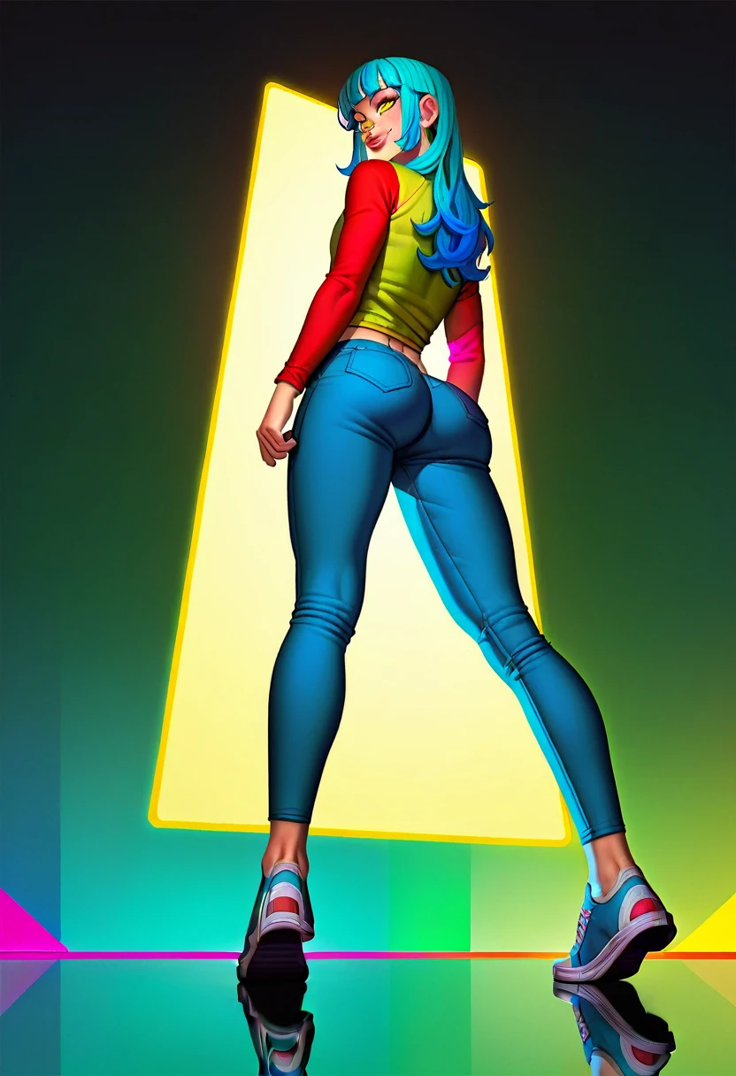 extreme low angle shot, Intricate Details, high Detail, HighRes, Masterpiece, full body, 1 girl, solo, hyper feminine and girly posture, skinny, skyblue hair, long hair, bangs, full lips, tilted head, flirty smile, looking up, detailed face, big calves, large ass, (lycra bermudas), tucked in shirt, hourglass figure, bottomheavy, colombian face, (reflection light, lit contours, distinctly colored light sources, isometric, caustics, left red light, top green light, below right yellow light)