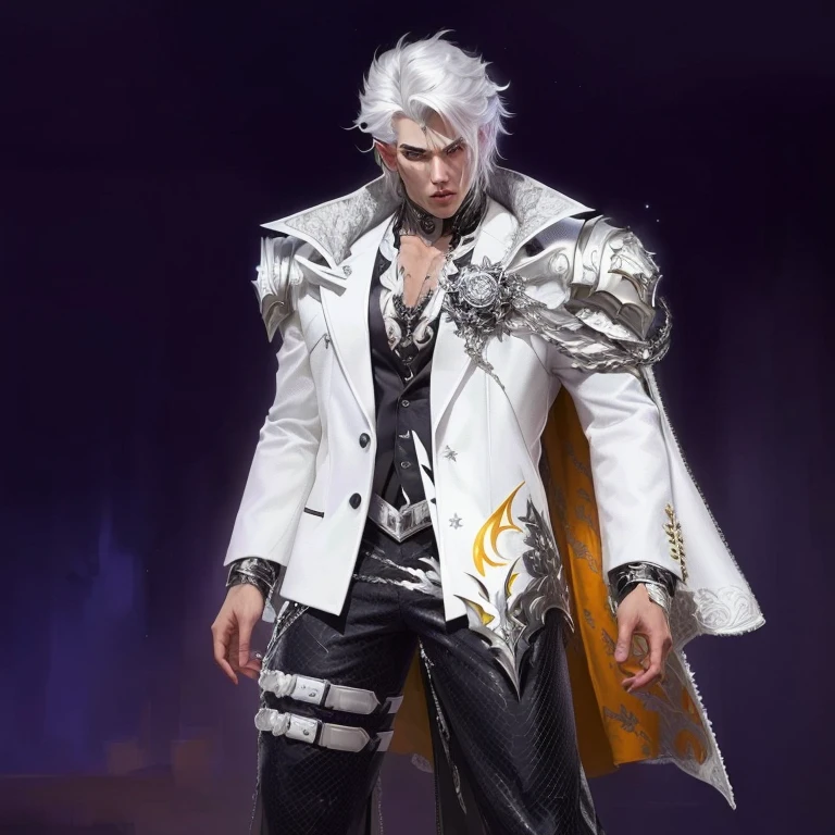there is a man in a silver jacket and black pants, lunar themed attire, white scary skin, king of time reaper, beautiful male god of death, menacing look, chrome outfit, badass look, platinum attire, as a character in tekken, multilayered outfit, wearing torn white cape, scary style, intricate suit, from ncsoft, costume desig, demon male