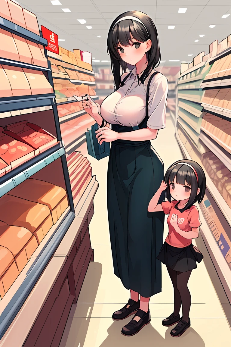 Mother and daughter　Height difference　Black Hair　Shortcuts　hair band　shopping　Supermarket　Beautiful breasts