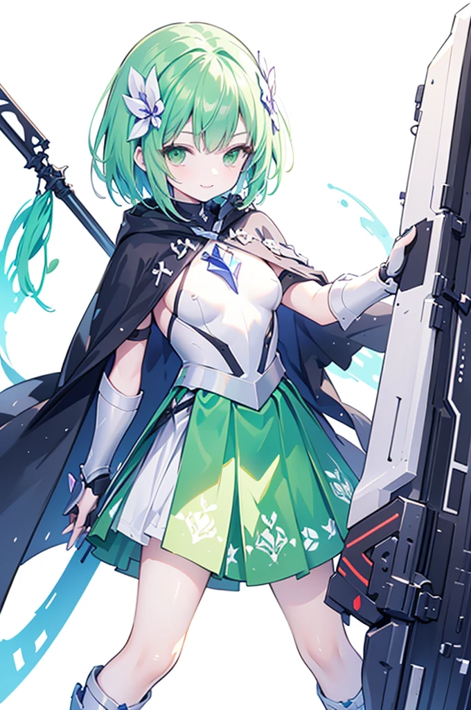 1 little cute girl, dynamic posing,light green wave short hair, green eyes, (Holding a extra gigantic mechanical battle weapon:1.3), (evil smilk:1.2),serious,(small breasts:1.3), (white background:1.2), purple knight fur_cloak, (fantasy knighy armor:1.3), long skirt, light smile, green hair ornament
