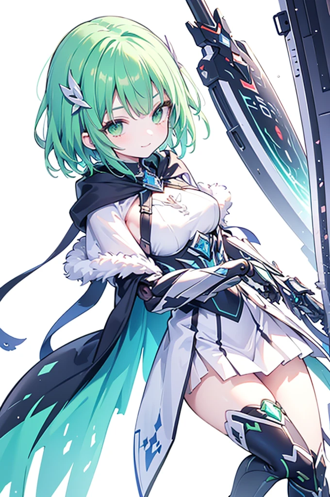 1 little cute girl, dynamic posing,light green wave short hair, green eyes, (Holding a extra gigantic mechanical battle weapon:1.3), (evil smilk:1.2),serious,(small breasts:1.3), (white background:1.2), purple knight fur_cloak, (fantasy knighy armor:1.3), long skirt, light smile, green hair ornament