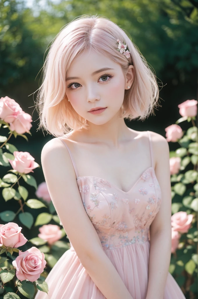 8K, RAW Photos, Fujifilm, Avril-like style photo of a beautiful young woman in a garden of pale pink roses (Highly detailed skin: 1.2) Style Petal Break Short Hair, Blonde and colored hair, Wearing a dress, Film Granulation, 35mm, Cute Style
