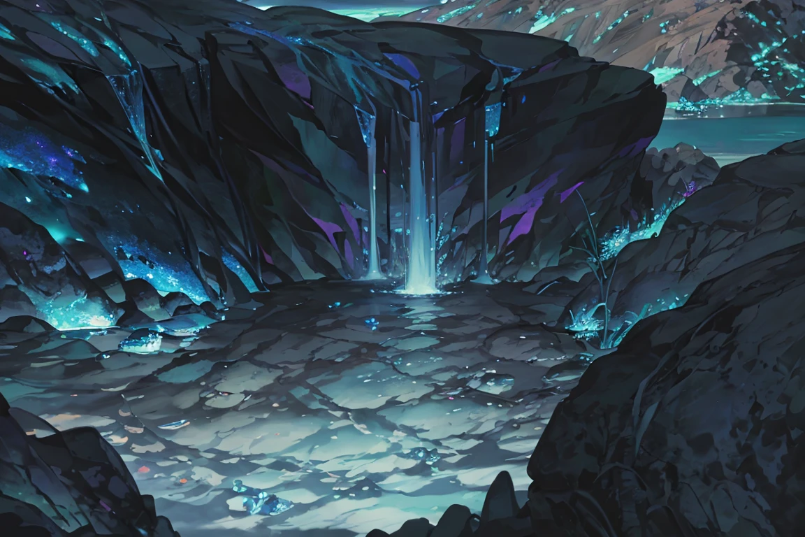 summer, blue lava rock area, blue lava rock, (illustration : 1.0), Narrative construction, realistic lighting, HD detail, masterpiece, best quality best, (Highly detailed CG integrated 8k wallpaper), wide and flat rocky area, small, sharp, rough rock at top of screen., Blue liquid flowing through a crevice in the rock,