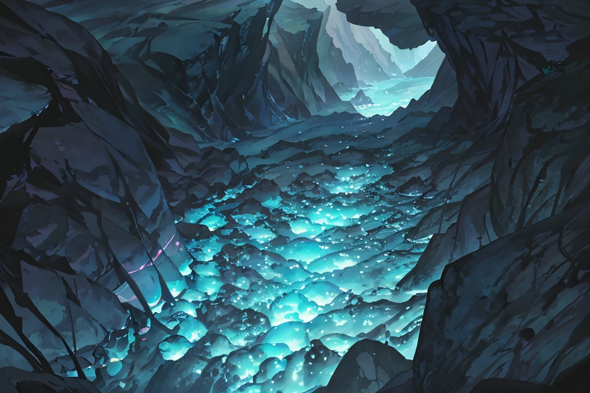 summer, blue lava rock area, blue lava rock, (illustration : 1.0), Narrative construction, realistic lighting, HD detail, masterpiece, best quality best, (Highly detailed CG integrated 8k wallpaper), wide and flat rocky area, small, sharp, rough rock at top of screen., Blue liquid flowing through a crevice in the rock,