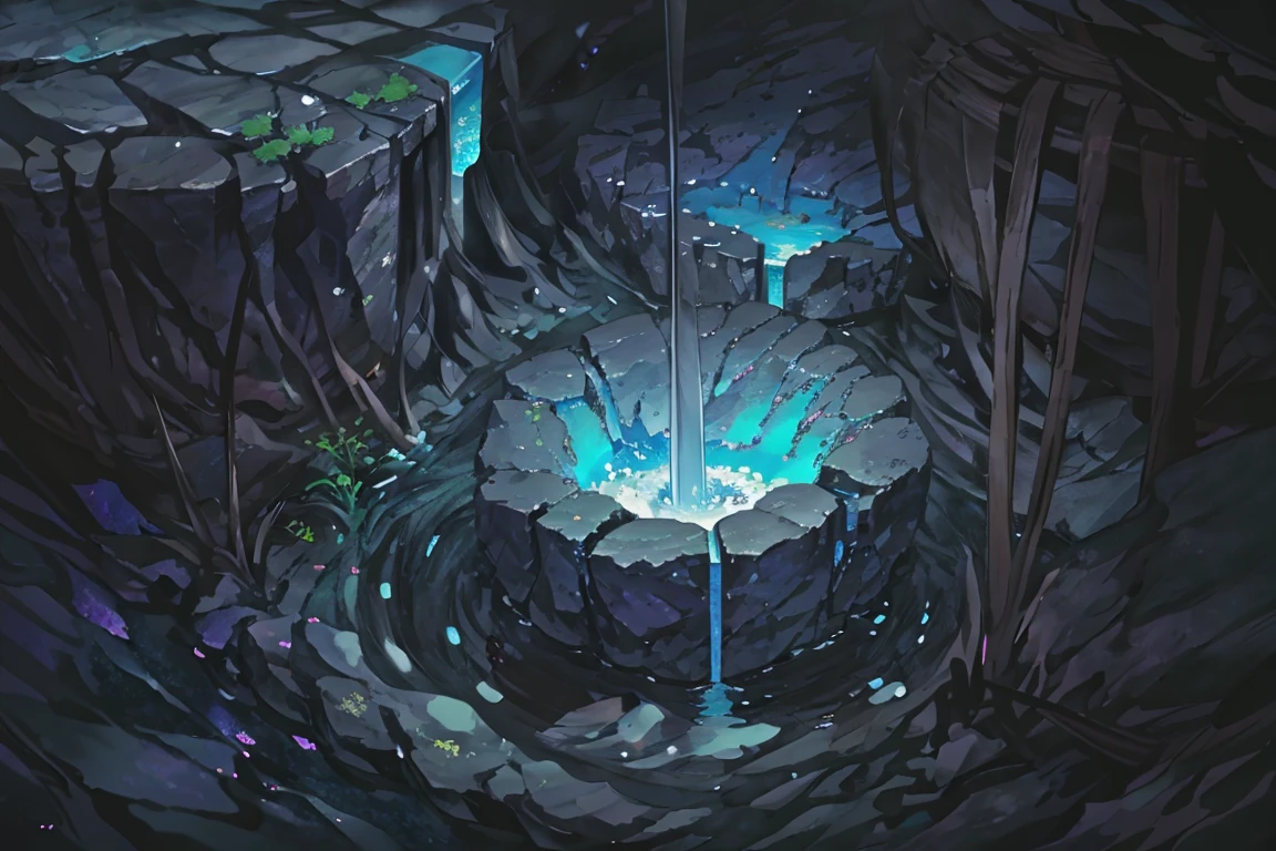 summer, blue lava rock area, blue lava rock, (illustration : 1.0), Narrative construction, realistic lighting, HD detail, masterpiece, best quality best, (Highly detailed CG integrated 8k wallpaper), wide and flat rocky area, small, sharp, rough rock at top of screen., Blue liquid flowing through a crevice in the rock,