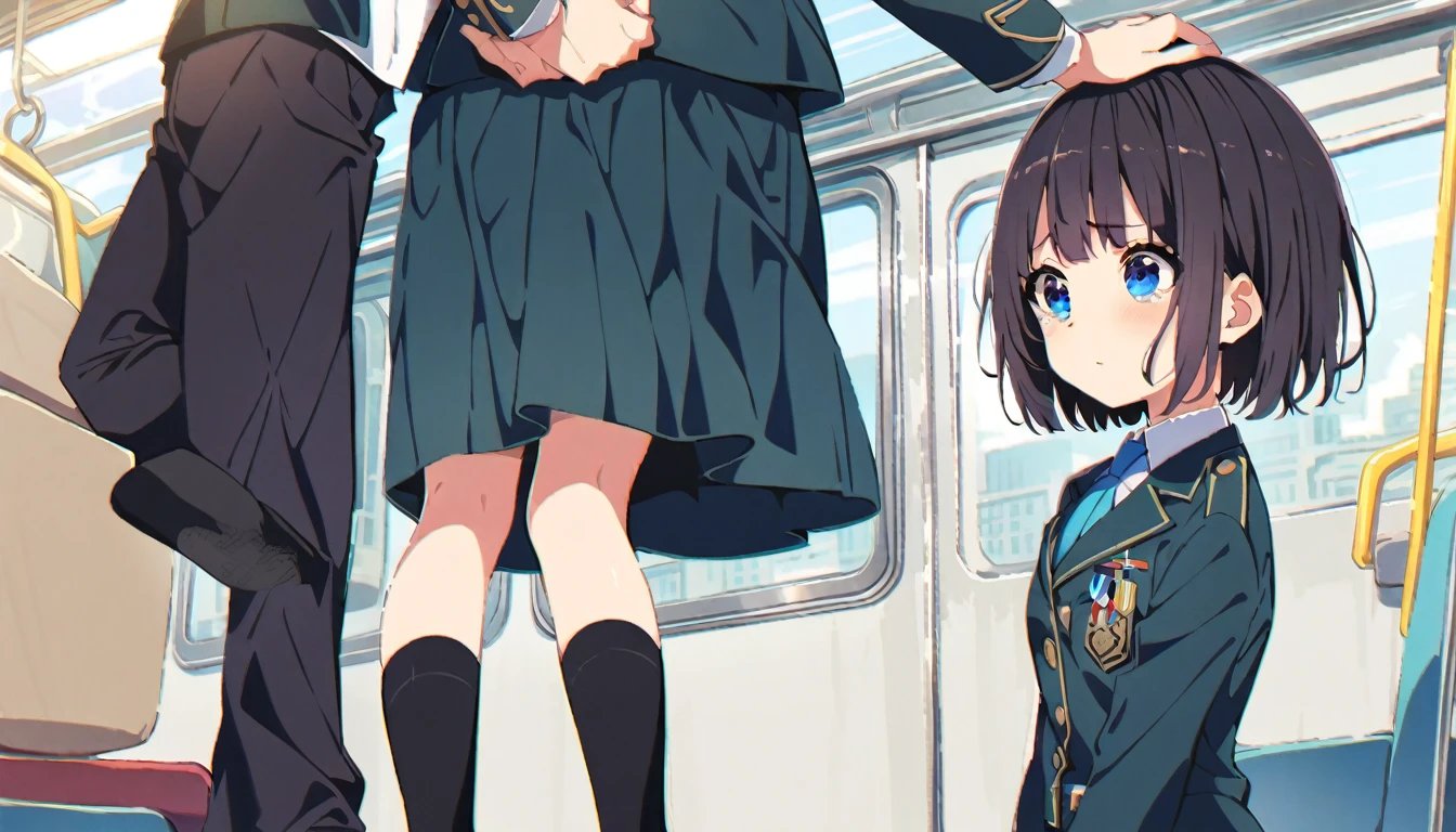 A middle-aged molester is touching the lower body of a crying girl with short bob black hair and small breasts, wearing a blazer and uniform, who is standing upright on a train, from her head to her feet.