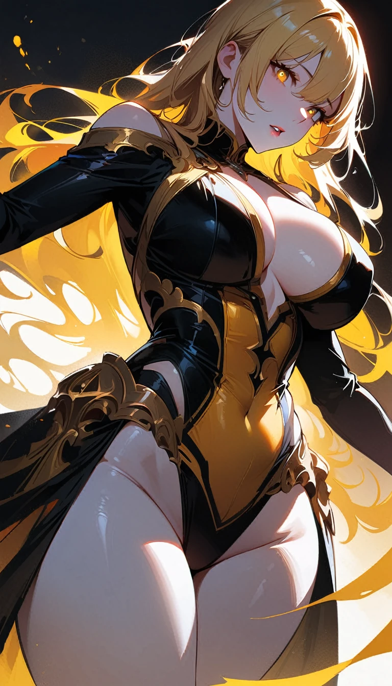 (high quality, 8k, 4K, high contrast, artwork:1.2, high quality, best aesthetics), (dynamic angle), ((1 woman)), erotic, sensual, mature body, super detailed, beautiful face detailed, beautiful eyes detailed, detailed beautiful mouth, sexy body, perfect breats, perfect wide thighs, (white skin), (long straight blonde hair), (bright yellow pupils), (serious facial expression), (golden flower crown), (golden flower bracelet), (perfect detailed hands), (black dress with long skirt, exposed thighs and long neckline with gold details), (aura of golden ring above the head split in the middle), (scenario of a place in empty space in yellow color)
