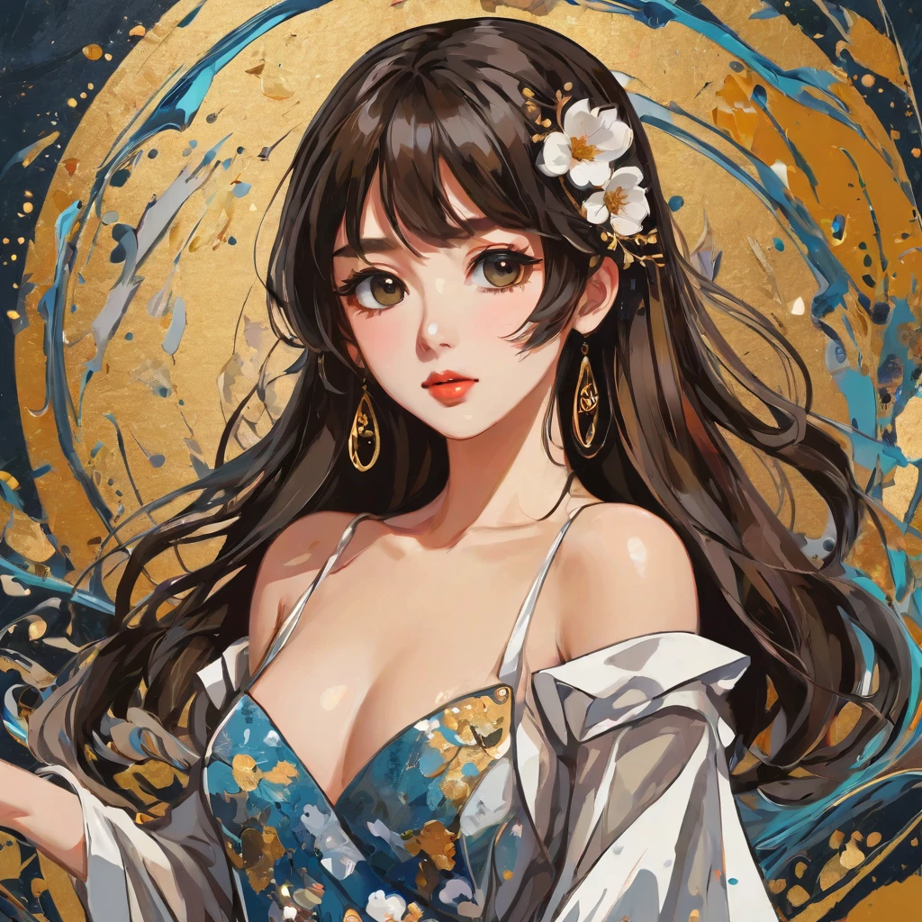 (a sticker,),(3D anime girl),dress, elegance,beautyful face,(In circlerown background), (pollock border)（oil painting style）， ultra - detailed, best quality, Detailed diagram, vectorized, 8K, Professional a sticker design, Graphic design, vector lines, a sticker, Full-HD