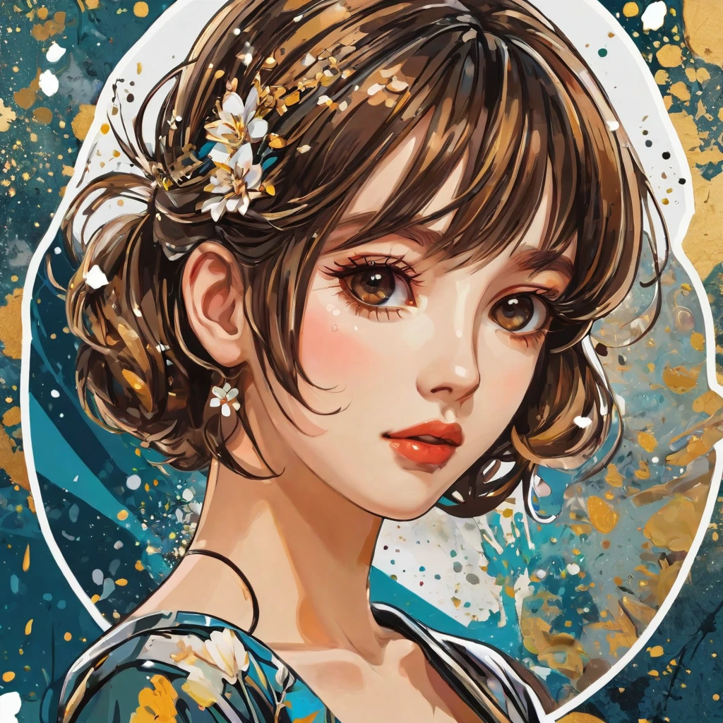 (a sticker,),(3D anime girl),dress, elegance,beautyful face,(In circlerown background), (pollock border)(oil painting style), ultra - detailed, best quality, Detailed diagram, vectorized, 8K, Professional a sticker design, Graphic design, vector lines, a sticker, Full-HD