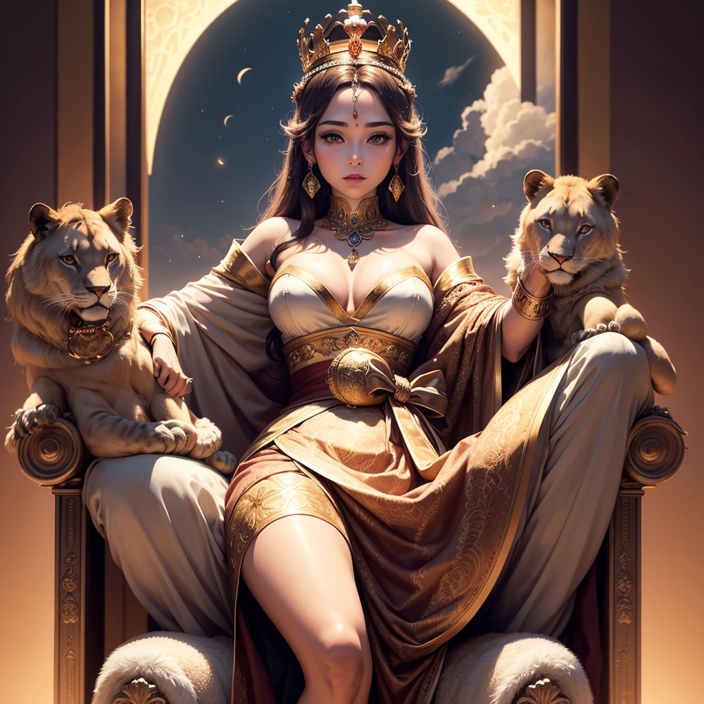 AI image of a queen with a crown dressed sexy carrying money, sitting on a throne accompanied by two lions on the left and right sides,With a ribbon on the front that says "K0RBaN MaaCINA" background Clouds and full moon