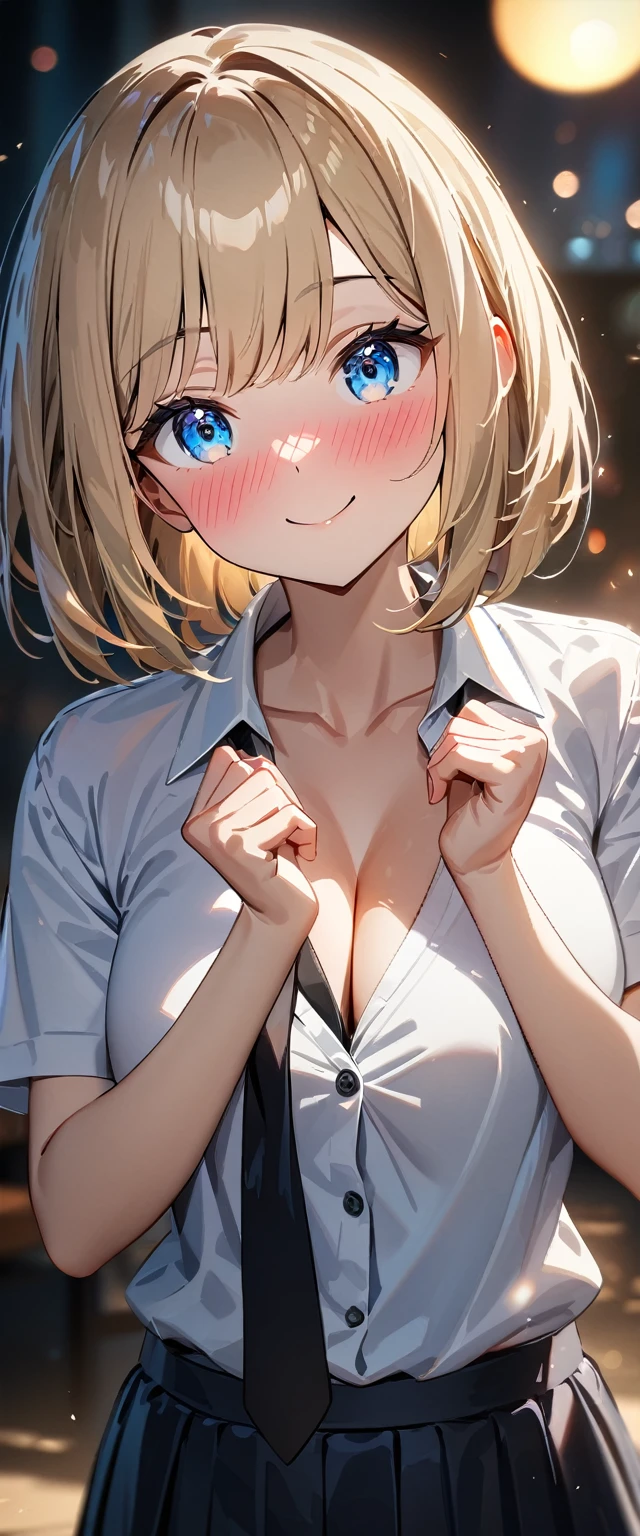 (((One girl))), blond hair, bob cut, (cowboy shot), (looking at viewer), breasts, ager, head tilt:1.3, (((blue eye))), ((happy smile)), ((full face blush)), school summer uniform, white shirts, black tie, black skirt, cleavage, anime style, (best quality, 4k, 8k, highres, masterpiece:1.2, ultra-detailed, ultra-detailed eyes, HDR, UHD, studio lighting, ultra-fine painting, sharp focus, physically-based rendering, extreme detail description, professional, vivid colors, bokeh)