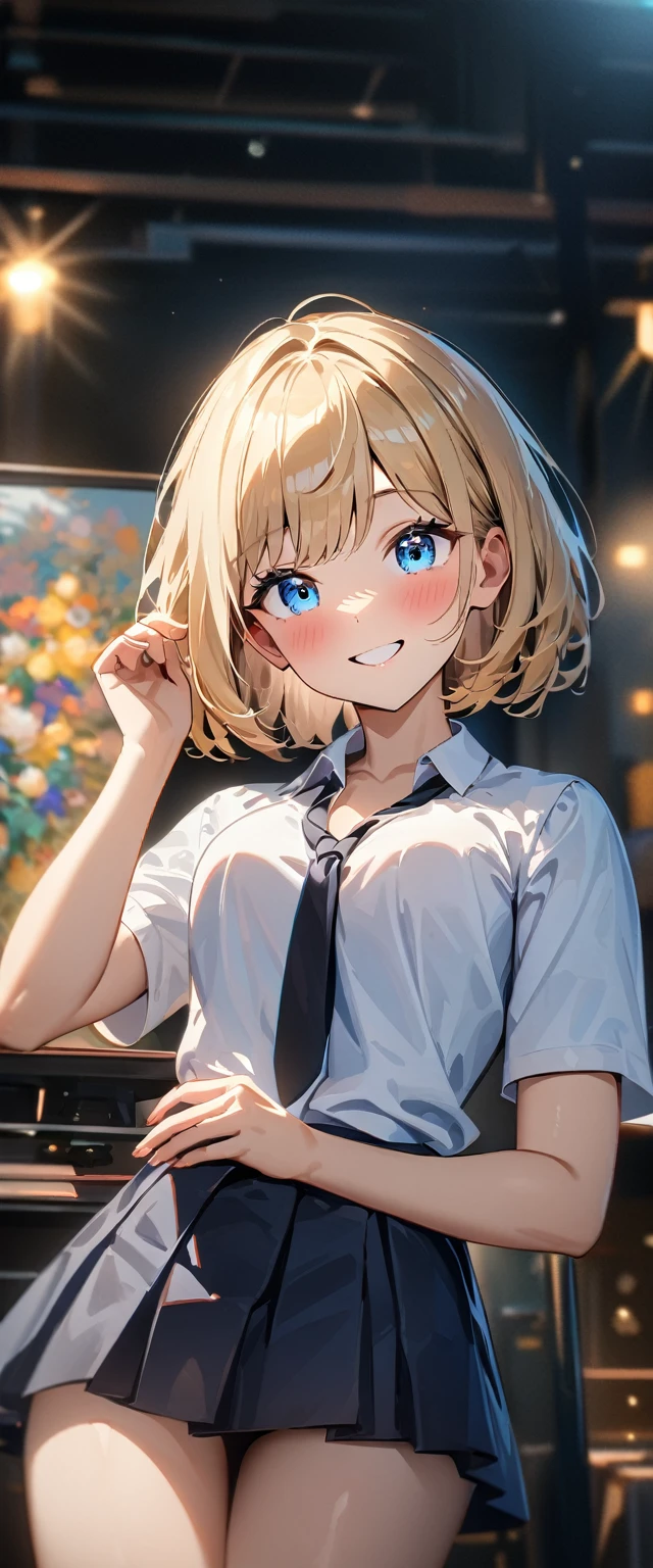 (((One girl))), blond hair, bob cut, (cowboy shot), (looking at viewer), breasts, teenager, head tilt:1.3, (((blue eye))), ((happy smile)), ((full face blush)), school summer uniform, white shirts, black tie, black skirt, cleavage, anime style, (best quality, 4k, 8k, highres, masterpiece:1.2, ultra-detailed, ultra-detailed eyes, HDR, UHD, studio lighting, ultra-fine painting, sharp focus, physically-based rendering, extreme detail description, professional, vivid colors, bokeh)