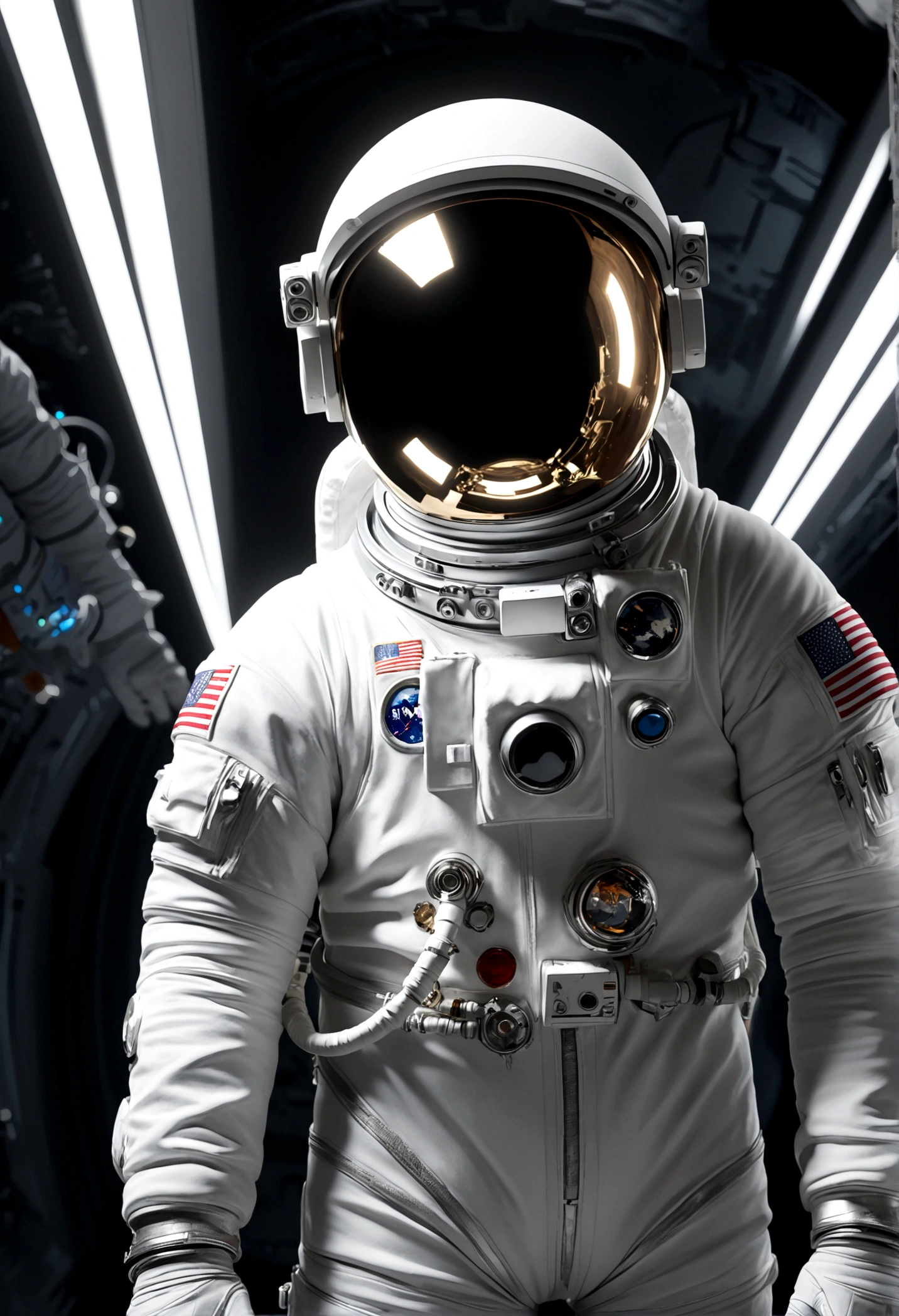 The astronaut is a 30-year-old American man.., white and silver metallic clothing, cinematic, picture 촬영, half backlight, back light, dramatic lighting , incandescent light, soft lighting, Incredibly detailed and complex, hyper maximalist, Art, elegant pose, dynamic, picture, volume , very detailed, intricate details, Gwise의 very detailed 걸작, future environment