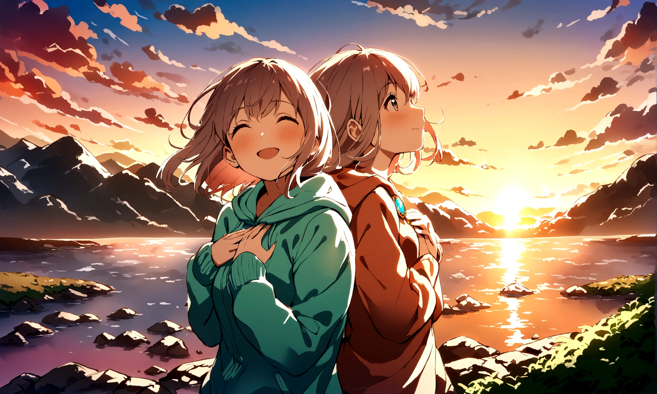 Sunset sunlight、A woman with a gentle expression looking up at the sky and remembering happy memories, ((Place your hands on your chest)), hoodie, Vision, Cinematic Plan