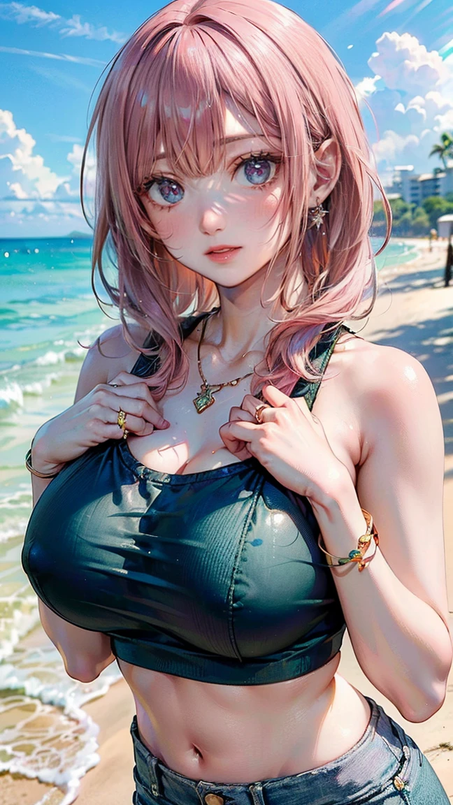 (Masterpiece, BestQuality:1.3), (ultra detailed:1.2), (hyperrealistic:1.3), (RAW photo:1.2), High detail RAW color photo, professional photograph, (Photorealistic:1.4), (realistic:1.4), (Pink Hair:1.5), professional lighting, perfect anatomy, (Big Breasts:1.2), (blush, detailed face), (cheerful Smile:1.5), Trending Hair&Trending Hairカラーをランダムに, earrings, necklace, bracelet, sexly, erotic sexly, Random sexy gravure poses, (A woman wearing a green crop top and denim shorts、She is doing yoga on the beach and posing sexy with a happy smile。Pink Hairのロングヘアが風になびいている。: 1.3)