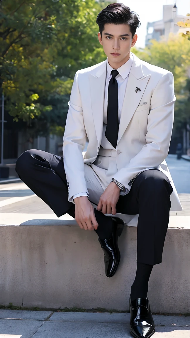 1 man, best quality, masterpiece, realistic, shortcut, white suit, black silk socks, black Oxford shoes, sitting, full body,fit body, super tall