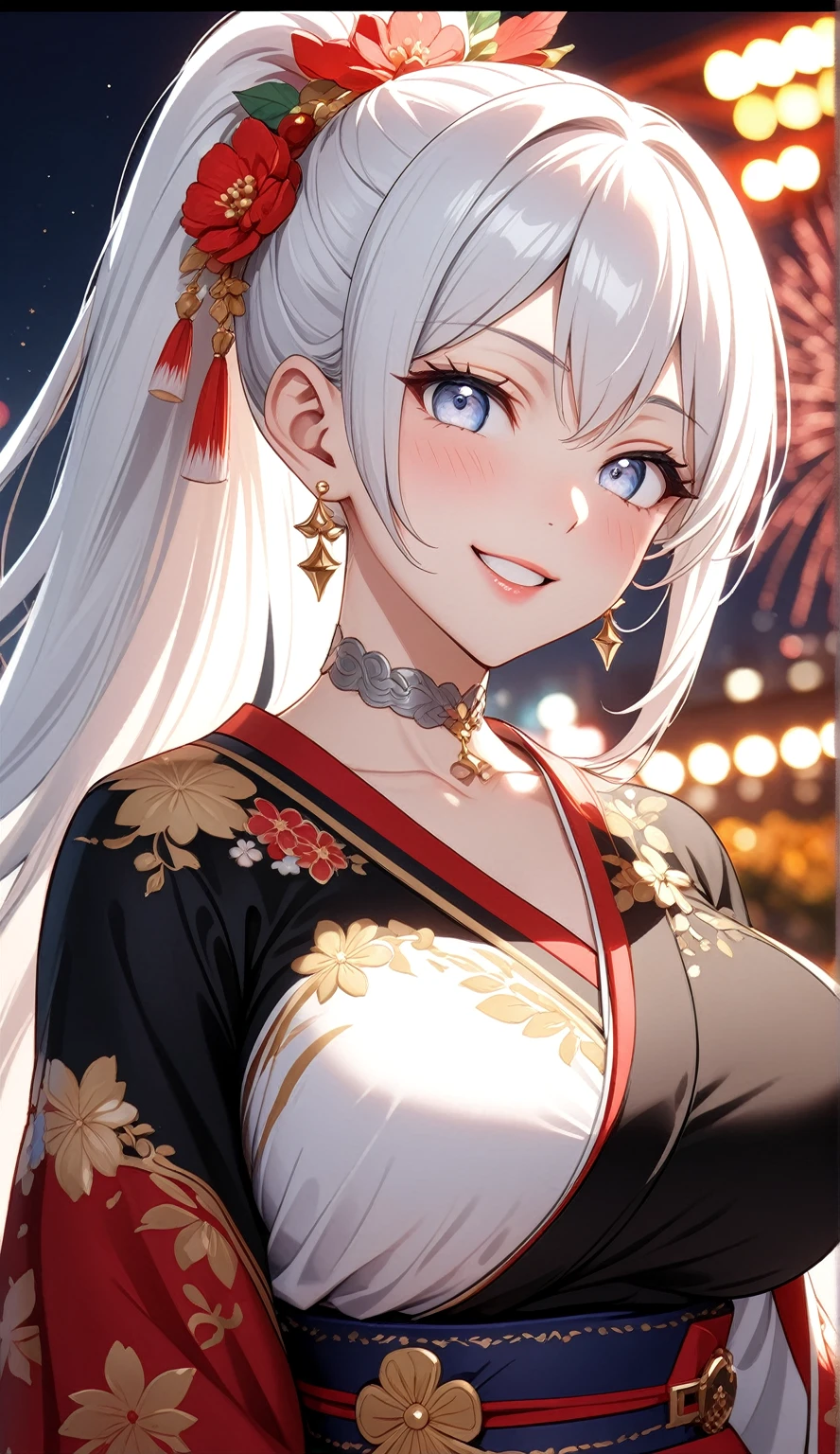 ((One personの女性)), Beautiful Face, Laughing embarrassedly, (naughty face:1.2),((Wink:1.9)), (head tilt:1.3), Laugh with your mouth wide open, upper teeth, ((Bright red cheeks:1.4)),Shiny red lips,Night view,Heights, firework, Glossy red lips,Face glows in the light, ((Anime style background)),masterpiece, Highest quality, so beautiful,up to date, Complex details, (Pink long nails),(ring),(bracelet),(Floral choker),AI-generated, Complex,High resolution, Highest quality, super high quality,3D Images、3D Images,One person,Long white hair,High Ponytail, Anime woman posing for a photo,(blue eyes), ((Fine grain、Silvery white colorful eyes、Shining Eyes:1.3)), (Squint your eyes:1.1),a hyperRealistic , hyperRealistic , Realistic,Anime woman with long white hair, Smooth anime CG art, A woman in a colorful kimono with gold embroidery, (Black long sleeve kimono),Red floral pattern,Long flower hair ornament,Earrings,Mature Body,(Big Breasts:1.1),Tall,Abdominal muscles,Tight waist,(Zoom up to face:1.3), (front view),