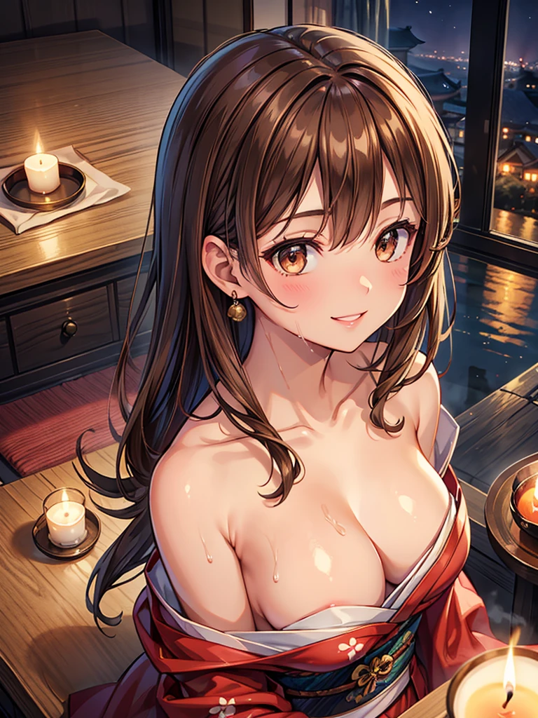 From above, one girl, medium breast, brown hair, brown eyes, face, portrait, indoors, smile, lips away, kimono, bare shoulder, hairpin, collarbone, luxury Japanese-style room, jewelry, Steam, wet, night, candle