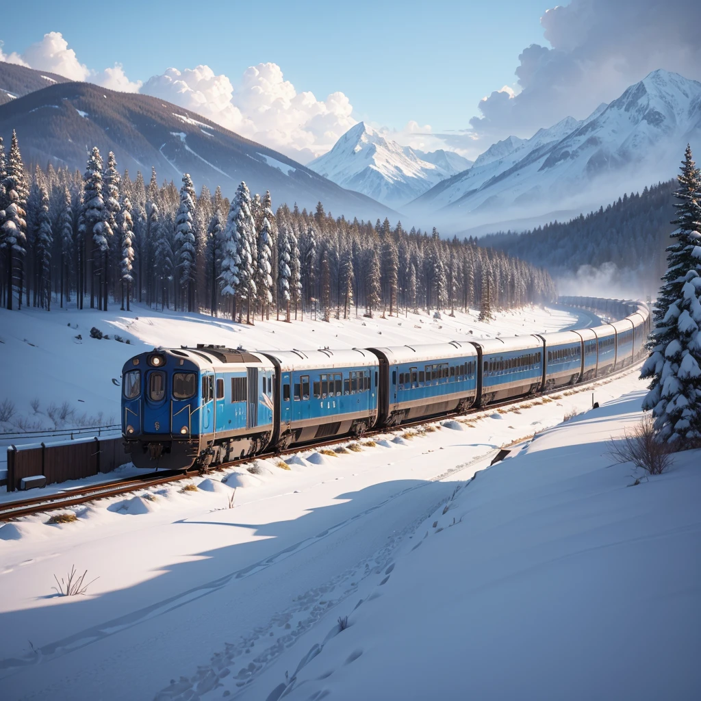 There is a train running along the tracks in the snow, Makoto Shinkai's concept art, tumblr, magic realism, beautiful anime scenes, cosmic sky. by makoto shinkai, ( ( makoto shinkai ) ), anime background art, anime backgrounds, Makoto Shinkai's style, anime movie backgrounds, galaxy express, no humans. in night sky