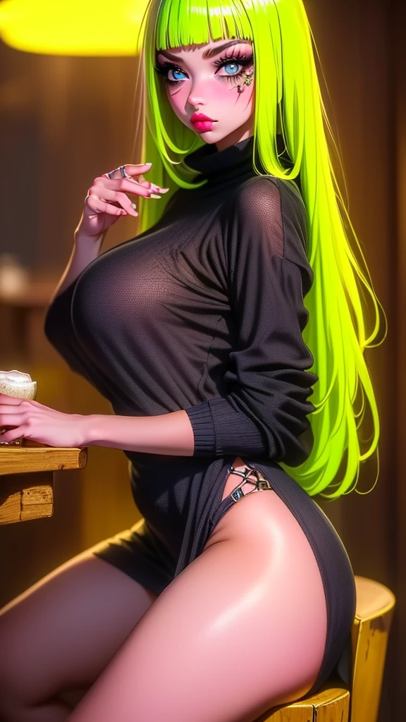 masterpiece:1.2, best quality:1.5, highly detailed, depth of field, cinematic lighting, intricate, 8k wallpaper, cg, intricate detailed eyes, glowing eyes:1.1, colorful eyes, best eyes, sharp eyes, sharp focus,
1girl1.2, (Fern (Sousou No Frieren)), ((virgin killer sweater, long sweater:1.5, sweater dress:1.5, thigh length sweater, black thigh band, turtle neck:1.2, sleeveless:1.5, side boob:1.5, side window:1.2, side cutout:1.4, hip window:1.4, hip cutout:1.2)), BREAK
((large breasts:1.1, very small waist:1.4, wide hips:1.4, thick thighs:1.2, glossy lips:1.5)), BREAK
((expressive face, large eyes:1.5, expressionless:1.4, long hair, bangs, (purple eyes:1.1), purple hair, long sidelocks:1.2, blunt bangs:1.2, (bright pupils:1.5), hair down:1.4, blunt hair)), BREAK
((indoors:1.5, yellow lighting:1.2, fantasy tavern scenery:1.5, wooden furniture, wooden table:1.2, wooden beer mug on table:1.5)),
((sitting:1.5, on chair:1.2, from the side:1.4, arms raised:1.2, armpit, looking at viewer:1.2, cowgirl shot:1.5)),
fern