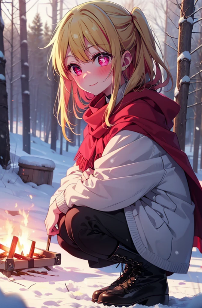 rubyhoshino, Hoshino Ruby, Long Hair, bangs, Blonde, (Pink Eyes:1.3), Side Lock, (Symbol-shaped pupil:1.5), Multicolored Hair, Two-tone hair, smile,,smile,blush,White Breath,
Open your mouth,snow,Ground bonfire, Outdoor, boots, snowing, From the side, wood, suitcase, Cape, Blurred, , forest, White handbag, nature, Squat, Mouth closed, Cape, winter, Written boundary depth, Black shoes, red Cape break looking at viewer, Upper Body, whole body, break Outdoor, forest, nature, break (masterpiece:1.2), Highest quality, High resolution, unity 8k wallpaper, (shape:0.8), (Beautiful and beautiful eyes:1.6), Highly detailed face, Perfect lighting, Highly detailed CG, (Perfect hands, Perfect Anatomy),