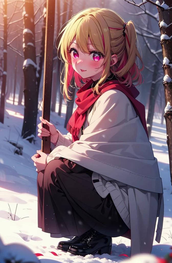 rubyhoshino, Hoshino Ruby, Long Hair, bangs, Blonde, (Pink Eyes:1.3), Side Lock, (Symbol-shaped pupil:1.5), Multicolored Hair, Two-tone hair, smile,,smile,blush,White Breath,
Open your mouth,snow,Ground bonfire, Outdoor, boots, snowing, From the side, wood, suitcase, Cape, Blurred, , forest, White handbag, nature,  Squat, Mouth closed, Cape, winter, Written boundary depth, Black shoes, red Cape break looking at viewer, Upper Body, whole body, break Outdoor, forest, nature, break (masterpiece:1.2), Highest quality, High resolution, unity 8k wallpaper, (shape:0.8), (Beautiful and beautiful eyes:1.6), Highly detailed face, Perfect lighting, Highly detailed CG, (Perfect hands, Perfect Anatomy),