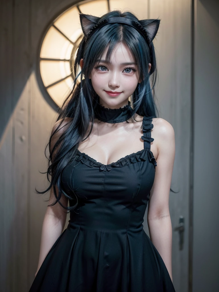 Masterpiece, best quality, cat ear, 1girl,light Blue hair,cowboy shot,black headband,black dress, curly_low_twin_tail_hair,light smile, clothing heart shaped cutout,