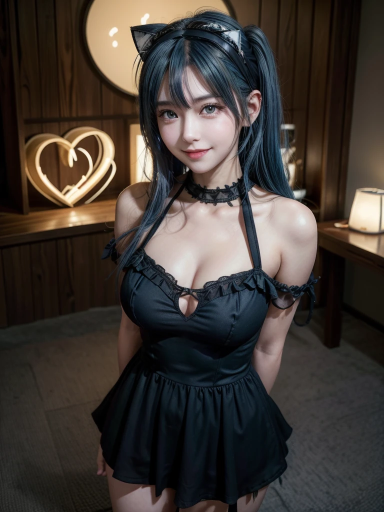 Masterpiece, best quality, cat ear, 1girl,light Blue hair,cowboy shot,black headband,black dress, curly_low_twin_tail_hair,light smile, clothing heart shaped cutout,