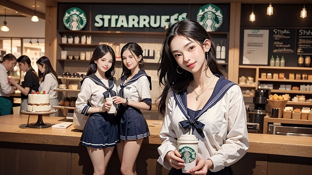 8K、RAW Photos、Highest quality、Super detailed、Super Resolution、Ultra HD、8K壁紙、Amazing details
(((Inside the Starbucks store、16 year old high school girl in sailor suit)))、Eat cake、Drink coffee、smile、Heart Necklace((Emphasize cleavage))
(Full body photo)